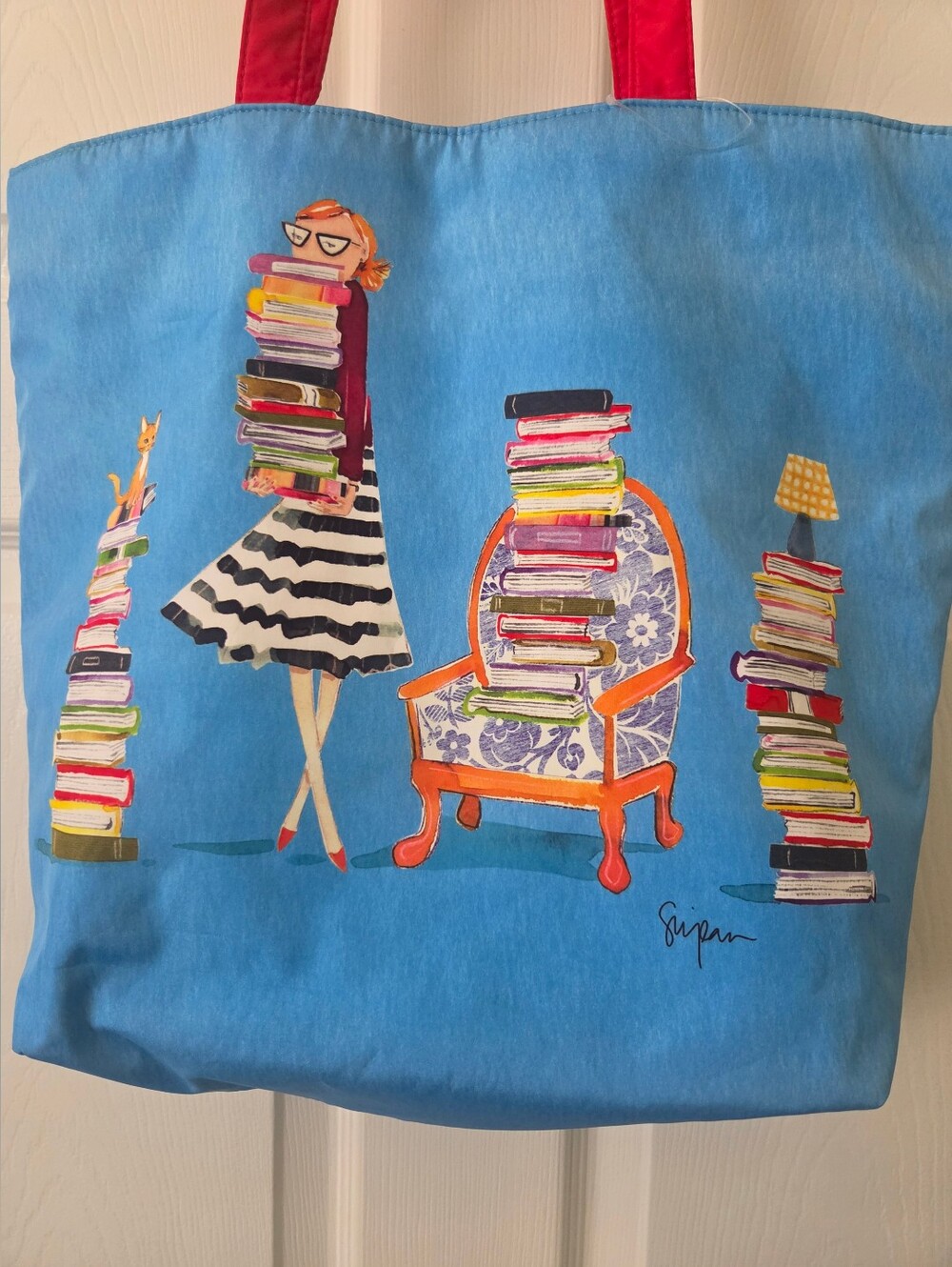 Rare Sujean Rim Blue Canvas Tote Bag with Book Cat Print from Barnes & Noble - Picture 2 of 5